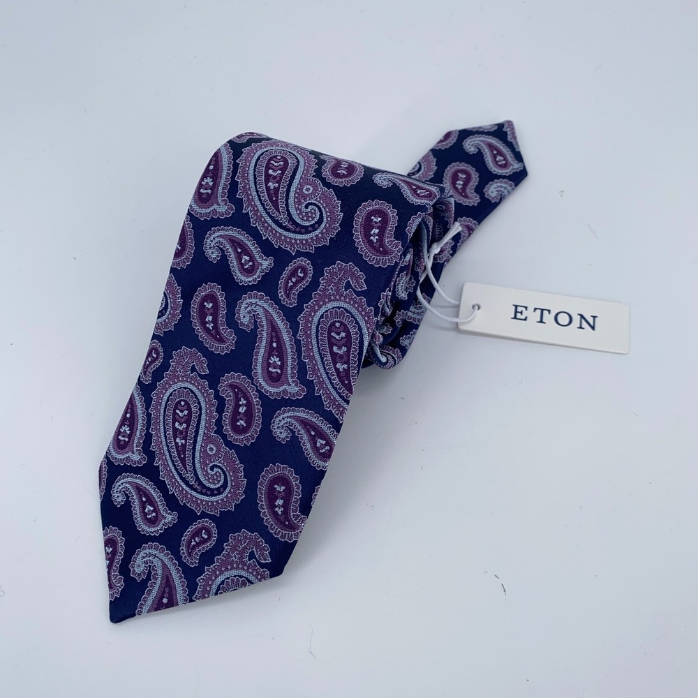 Eton Tie Mens One Size Blue Purple Paisley Silk Classic Necktie England Made NWT